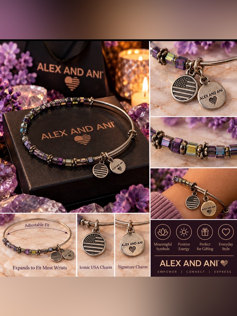 Alex and Ani Purple and Multicolor Beaded Bangle with USA Charm